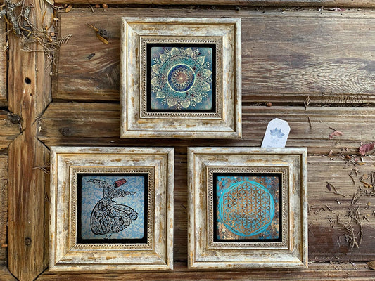 Framed Stone Wall Decoration Painting Set of 3 8" x 8" Flower of Life Pattern Whirling Dervish