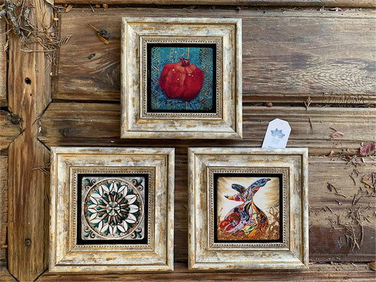 Framed Stone Wall Decoration 8" x 8" Set of 3 Whirling Dervish Pomegranate Pattern