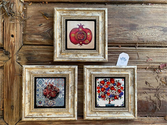 Framed Stone Wall Decoration 8" x 8" Set of 3 Pomegranate Tree Pomegranate Tree Pomegranate