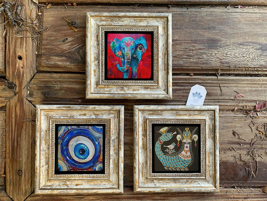 Framed Stone Wall Decoration Painting Set of 3 8" x 8" Shahmaran Elephant and Evil Eye Bead