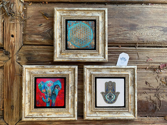 Framed Stone Wall Decoration Painting Set of 3 8" x 8" Mother Fatma Elephant and Flower of Life