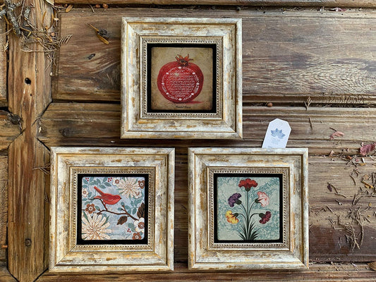 Framed Stone Wall Decoration Painting Set of 3 8" x 8" Pomegranate Praying Bird and Marbling