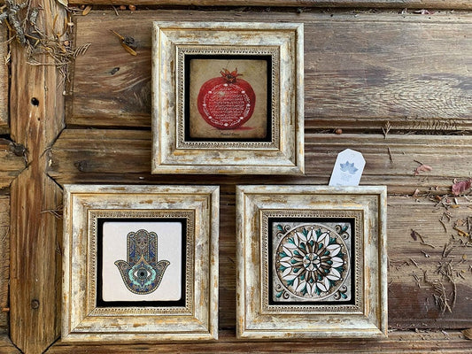Framed Stone Wall Decoration Painting Set of 3 8" x 8" Fatima Mother Hand Pattern Pomegranate Prayer