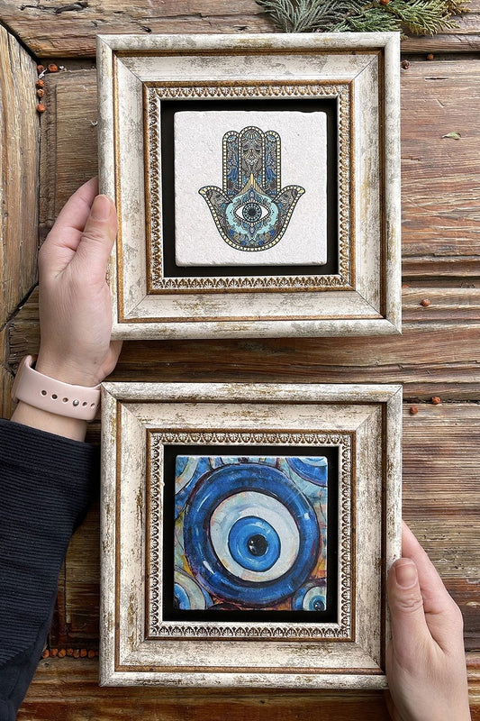 Framed Stone Wall Decoration Painting 8" x 8" Set of 2 (114-1481) Fatma Ana Nazar
