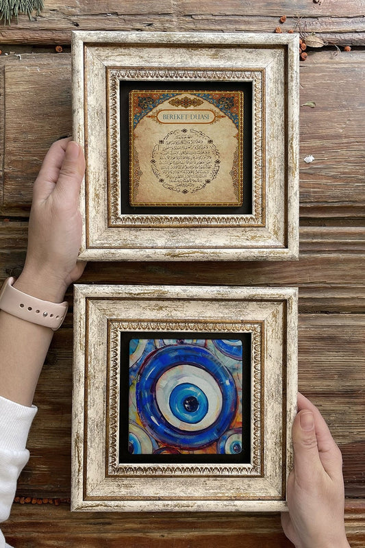Framed Stone Wall Decoration Painting 8" x 8" Set of 2 (462-1481) Blessings Prayer Evil Eye