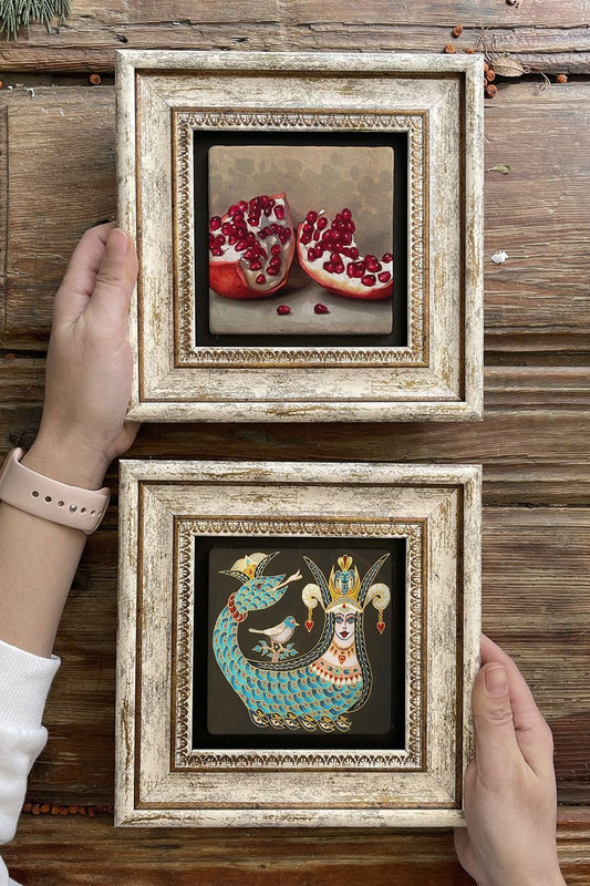 Framed Stone Wall Decoration Painting 8" x 8" Set of 2 (1213-476) Shahmeran Pomegranate