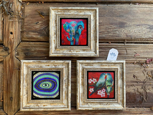 Framed Stone Wall Decoration Painting Set of 3 8" x 8" Elephant Evil Eye and Birds