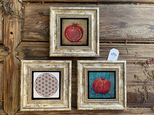 Framed Stone Wall Decoration Painting Set of 3 8" x 8" Pomegranate Prayer Pomegranate Flower of Life
