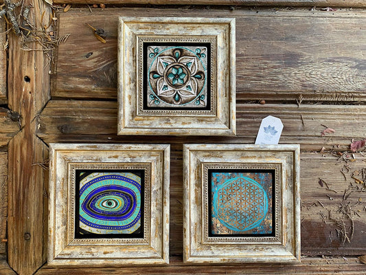 Framed Stone Wall Decoration Painting Set of 3 8" x 8" Evil Eye Flower of Life Pattern