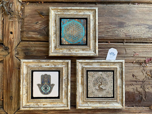 Framed Stone Wall Decoration Painting Set of 3 8" x 8" Life Flower Fatma Ana Life Tree