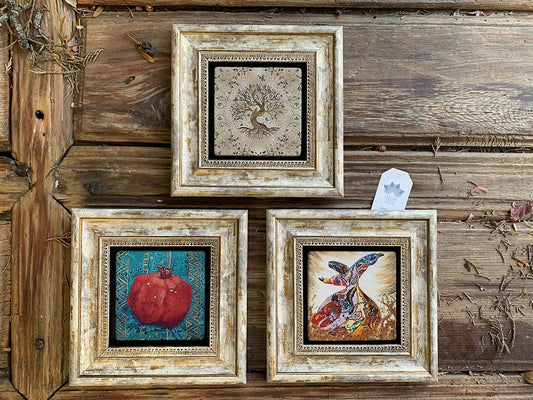 Framed Stone Wall Decoration Painting Set of 3 8" x 8" Semzen Tree of Life Pomegranate