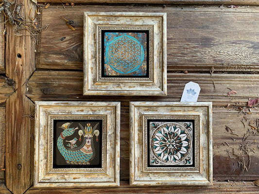 Framed Stone Wall Decoration Painting Set of 3 8" x 8" Shahmaran Pattern Flower of Life