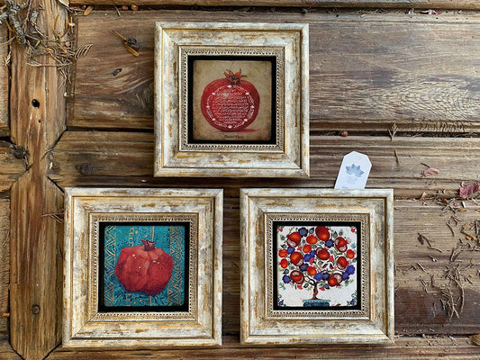 Framed Stone Wall Decoration Painting Set of 3 8" x 8" Pomegranate Painting Pomegranate Prayer Pomegranate Tree
