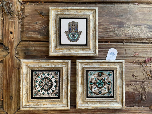 Framed Stone Wall Decoration 8" x 8" Fatima Mother Hand pattern