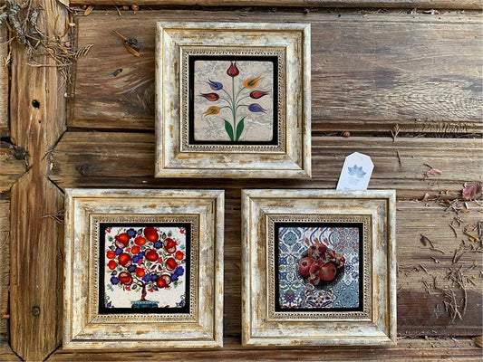 Framed Stone Wall Decoration 8" x 8" Set of 3 Pomegranate Marbling and Pomegranate Tree