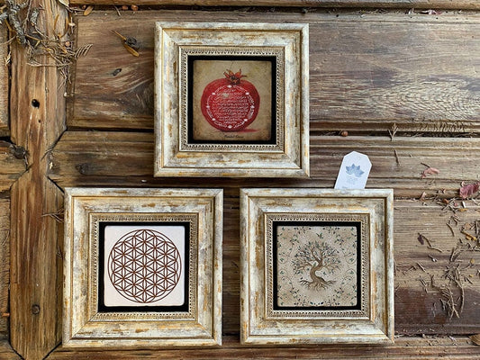 Framed Stone Wall Decoration Painting Set of 3 8" x 8" Tree of Life Flower of Life Pomegranate Prayer