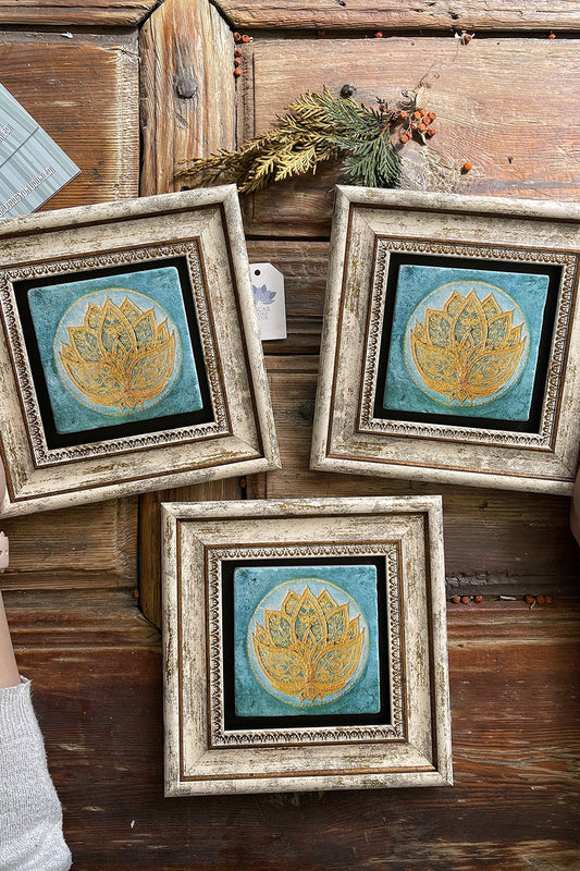 Framed Stone Wall Decoration Painting 8" x 8" Set of 3 Lotus Flower