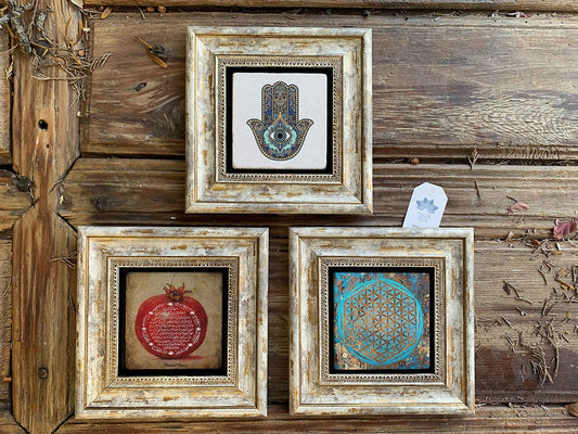 Framed Stone Wall Decoration Painting Set of 3 8" x 8" Fatma Mother Pomegranate Prayer Flower of Life