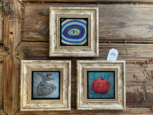 Framed Stone Wall Decoration Painting Set of 3 8" x 8" Whirling Dervish Pomegranate Evil Eye