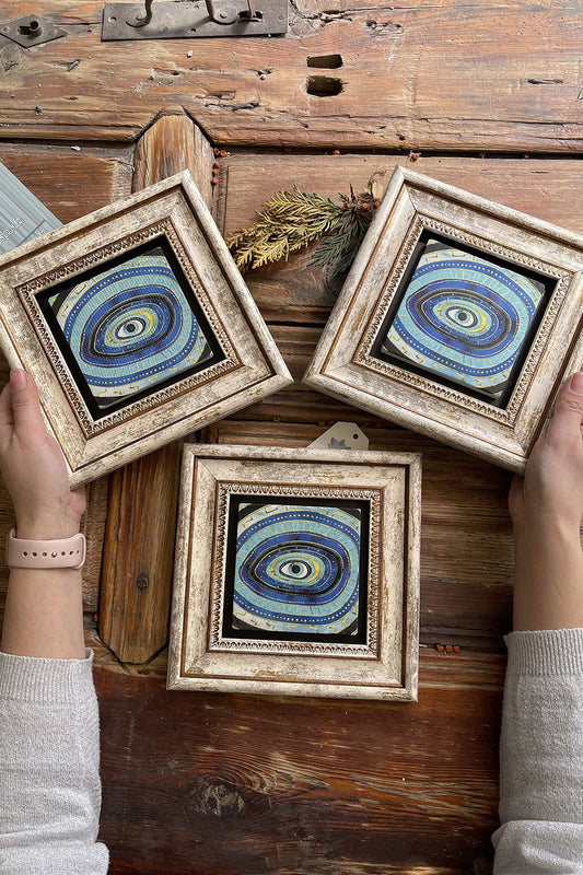 Framed Stone Wall Decoration Painting 8" x 8" Set of 3 Evil Eye