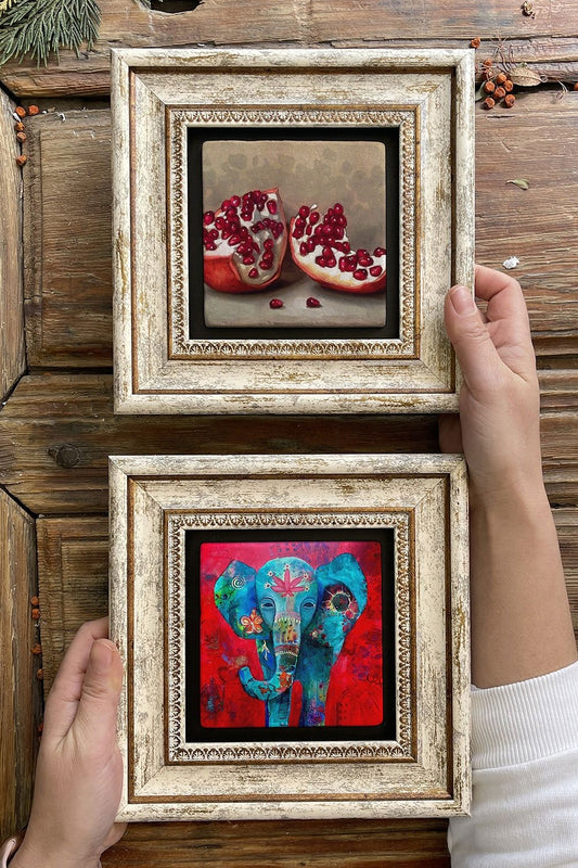 Framed Stone Wall Decoration Painting 8" x 8" Set of 2 (1488-476) Elephant Pomegranate