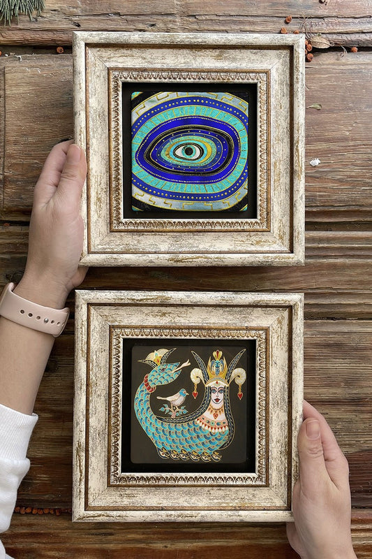 Framed Stone Wall Decoration Painting 8" x 8" Set of 2 (1213-1100) Shahmeran Evil Eye