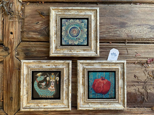 Framed Stone Wall Decoration Painting Set of 3 8" x 8" Pattern Shahmaran Pomegranate