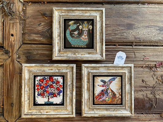 Framed Stone Wall Decoration Painting Set of 3 8" x 8" Pomegranate Tree Semzen Shahmeran