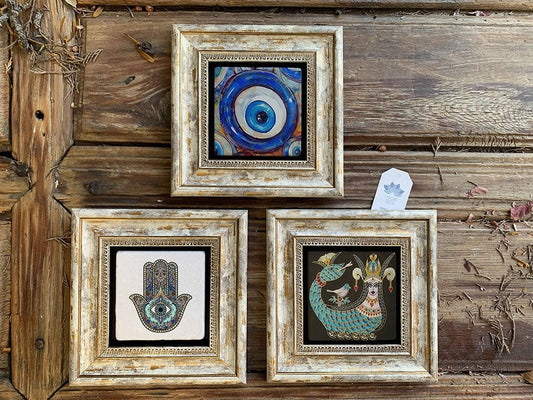 Framed Stone Wall Decoration Painting Set of 3 8" x 8" Nazar Şahmeran Fatma Ana Eli