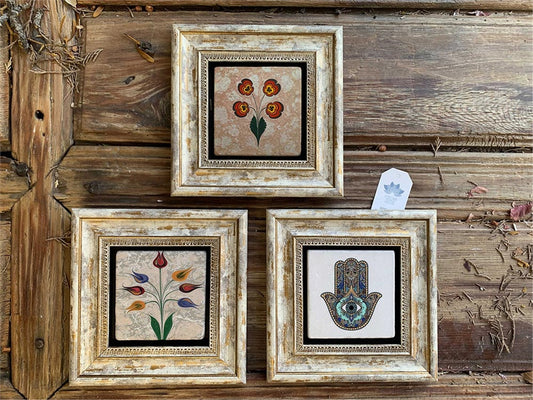 Framed Stone Wall Decoration 8" x 8" Set of 3 Fatma Ana Eli Marbled Flower Tulip