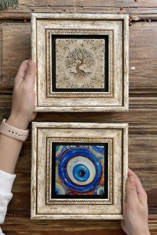 Framed Stone Wall Decoration Painting 8" x 8" Set of 2 (540-1481) Tree of Life Evil Eye