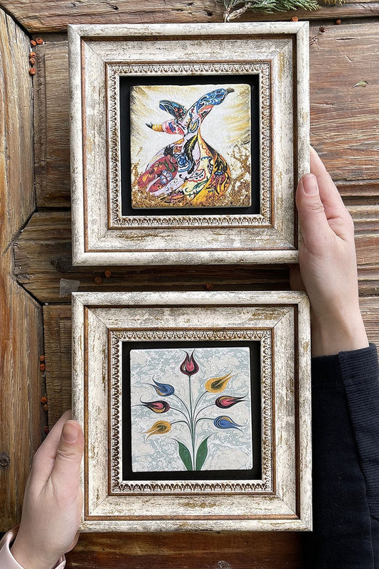 Framed Stone Wall Decoration Painting 8" x 8" Set of 2 (60-499) Whirling Dervish Ebruli