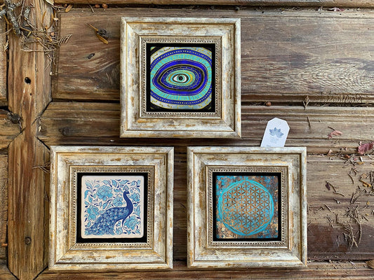 Framed Stone Wall Decoration Painting Set of 3 8" x 8" Flower of Life Peacock Evil Eye