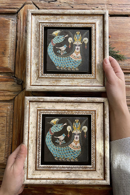 Framed Stone Wall Decoration Painting 8" x 8" Set of 2 Black Shahmaran