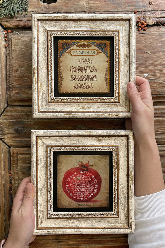 Framed Stone Wall Decoration Painting 8" x 8" Set of 2 (1104-464) Blessings Pomegranate Evil Eye