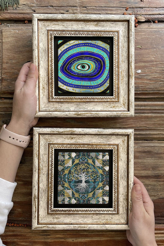 Framed Stone Wall Decoration Painting 8" x 8" Set of 2 (1100-541) Evil Eye Tree of Life