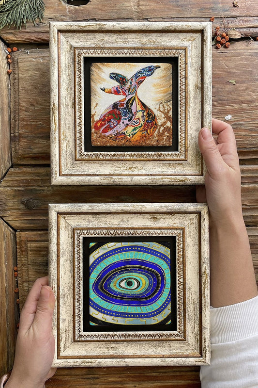 Framed Stone Wall Decoration Painting 8" x 8" Set of 2 (1100-60) Evil Eye Whirling Dervish