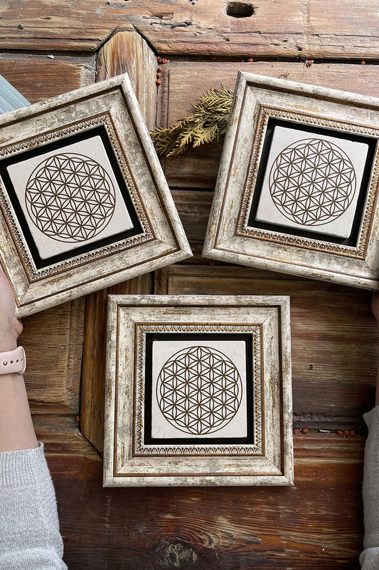 Framed Stone Wall Decoration Painting 8" x 8" Set of 3 Flower of Life