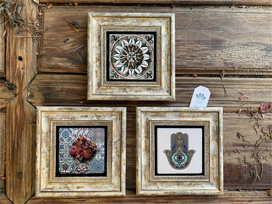Framed Stone Wall Decoration 8" x 8" Set of 3 Fatma Mother's Hand Pomegranate and Pattern