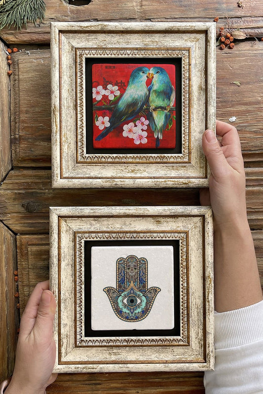 Framed Stone Wall Decoration Painting 8" x 8" Set of 2 (114-1230) Fatma Ana Kuş