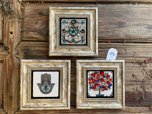 Framed Stone Wall Decoration 8" x 8" Tile Pomegranate Tree Pattern Fatma ana