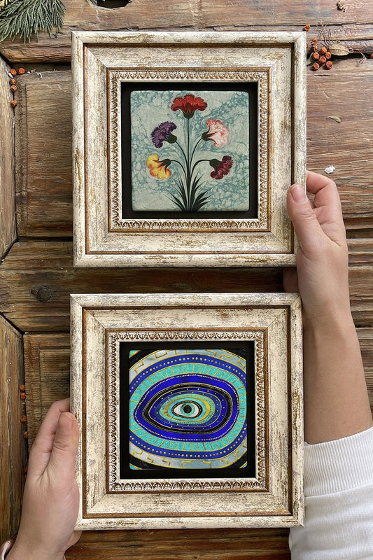 Framed Stone Wall Decoration Painting 8" x 8" Set of 2 (1100-1224) Evil Eye Ebruli