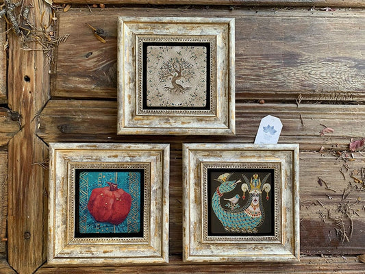 Framed Stone Wall Decoration Painting Set of 3 8" x 8" Shahmaran Pomegranate Tree of Life