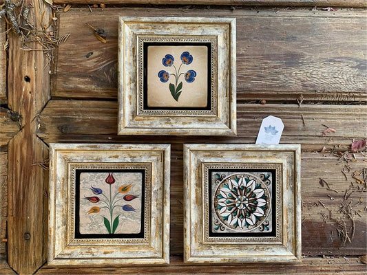 Framed Stone Wall Decoration 8" x 8" Set of 3 Pattern 2 Pieces of marbled flowers