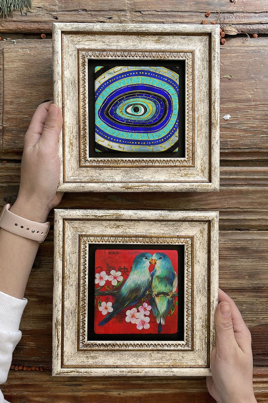 Framed Stone Wall Decoration Painting 8" x 8" Set of 2 (1100-1230) Evil Eye Bird