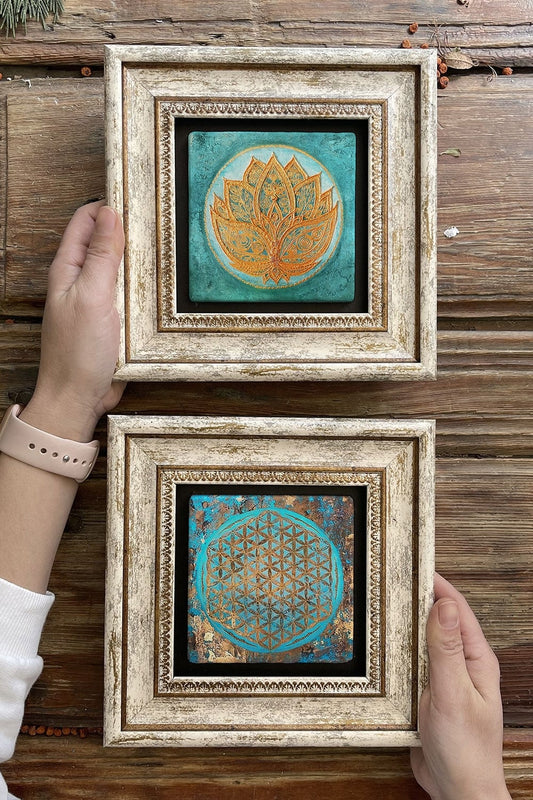 Framed Stone Wall Decoration Painting 8" x 8" Set of 2 (1090-1077) Lotus, Flower of Life