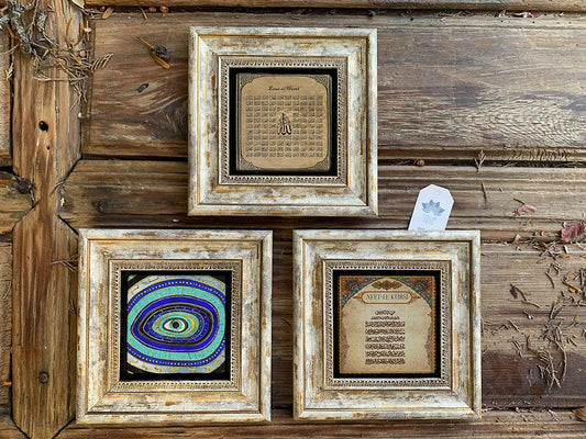 Framed Stone Wall Decoration Painting Set of 3 8" x 8" Esmaül Hüsna Nazar Ayetel Kürsi