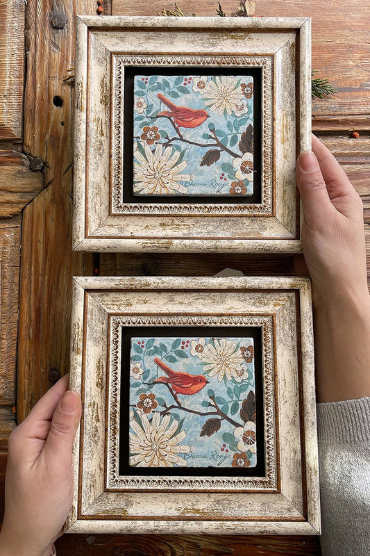 Framed Stone Wall Decoration Painting 8" x 8" Set of 2 Birds