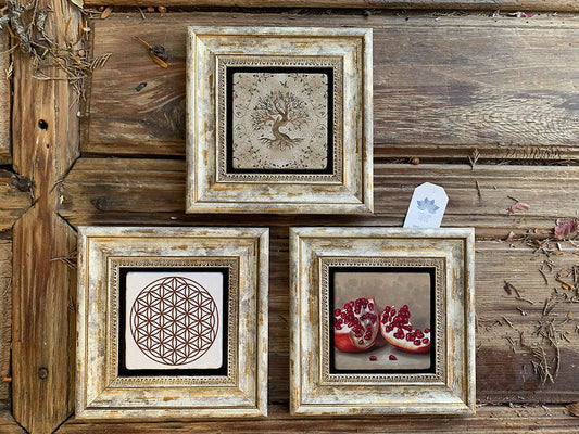 Framed Stone Wall Decoration Painting Set of 3 8" x 8" Pomegranate Flower of Life Tree of Life