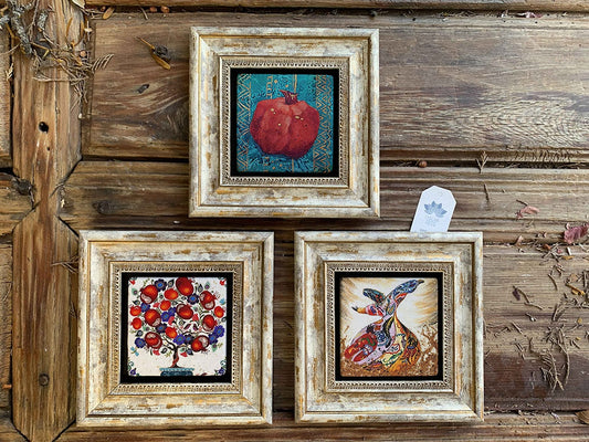 Framed Stone Wall Decoration Painting Set of 3 8" x 8" Pomegranate Pomegranate Tree Whirling Dervish